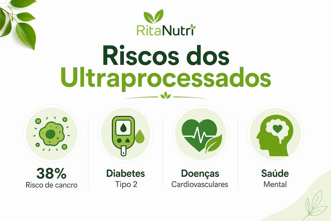 Infográfico destaca os principais perigos associados ao consumo de alimentos ultraprocessados