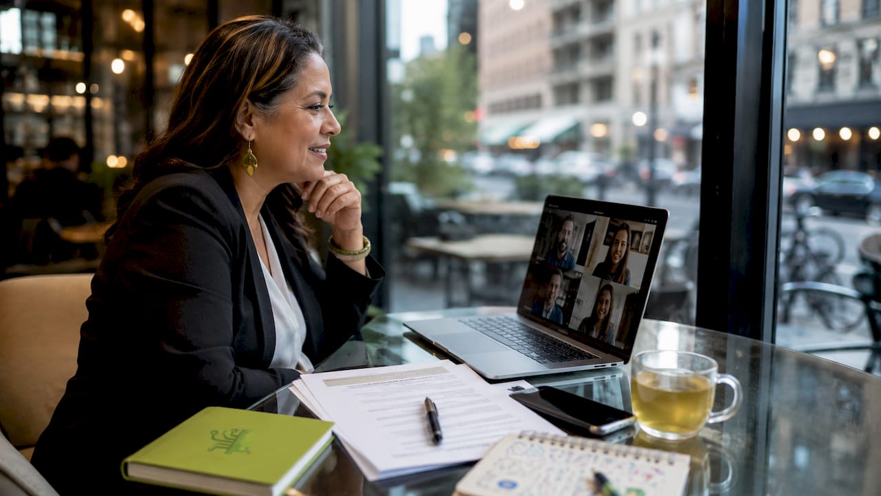 Woman engaged in cross-border B2B video call at desk