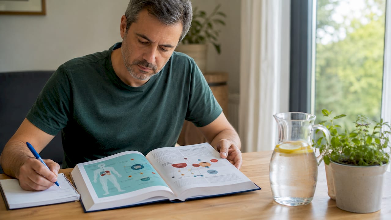 Mãos ocupadas a explorar o metabolismo low carb num livro aberto à minha frente