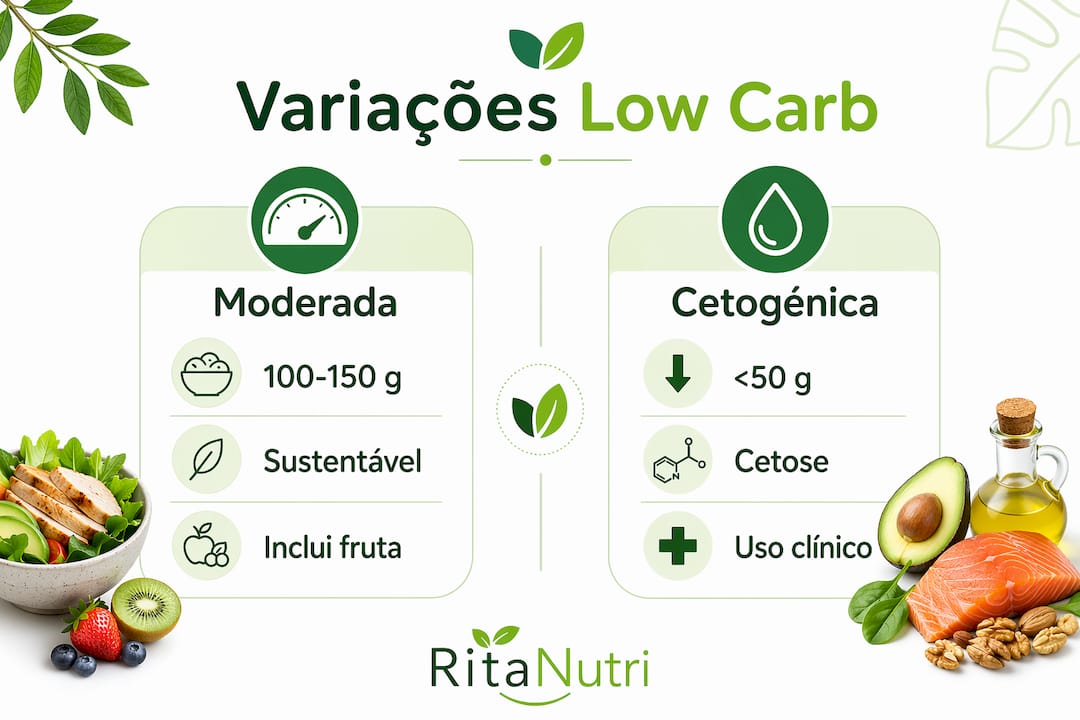 Infográfico sobre as diferentes versões da dieta baixa em hidratos de carbono