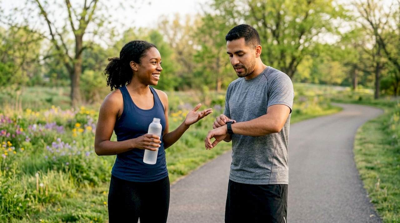 Casal a conversar sobre exercício físico e calorias enquanto passeia ao ar livre