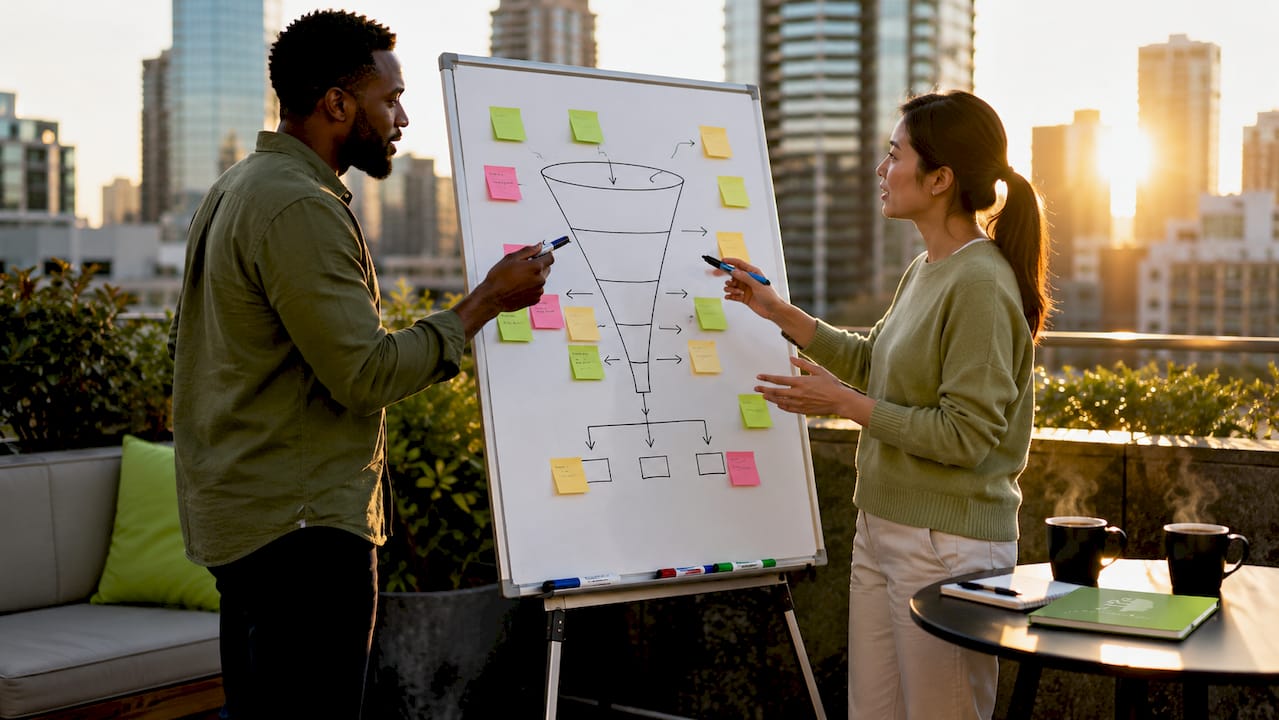 Two professionals discussing agency sales funnel mapping