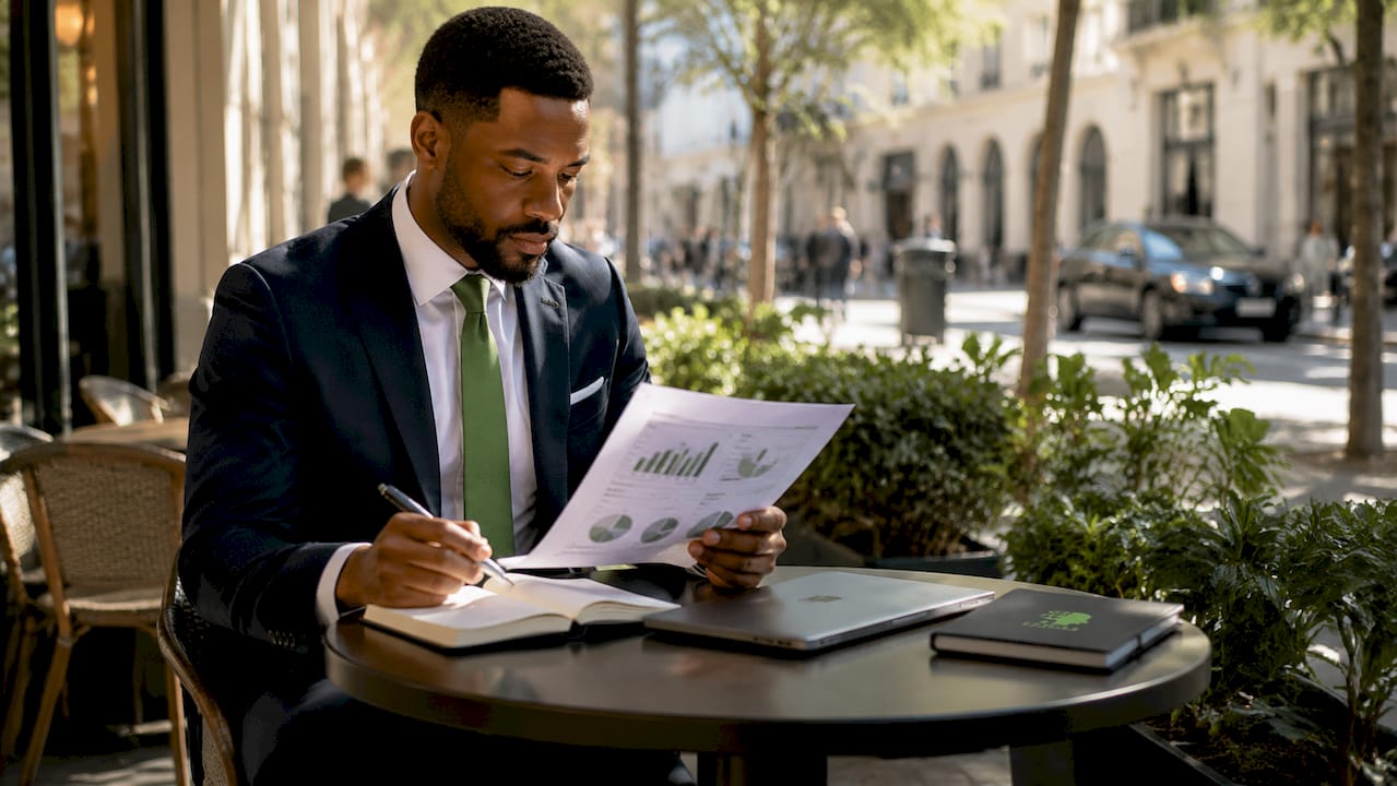 Technical sales professional reviewing business dossier