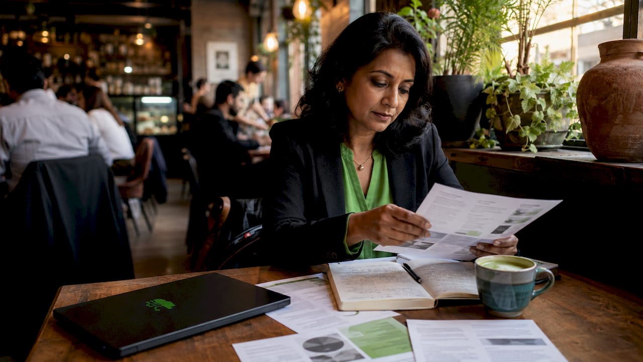 B2B consultant reviewing case studies in office