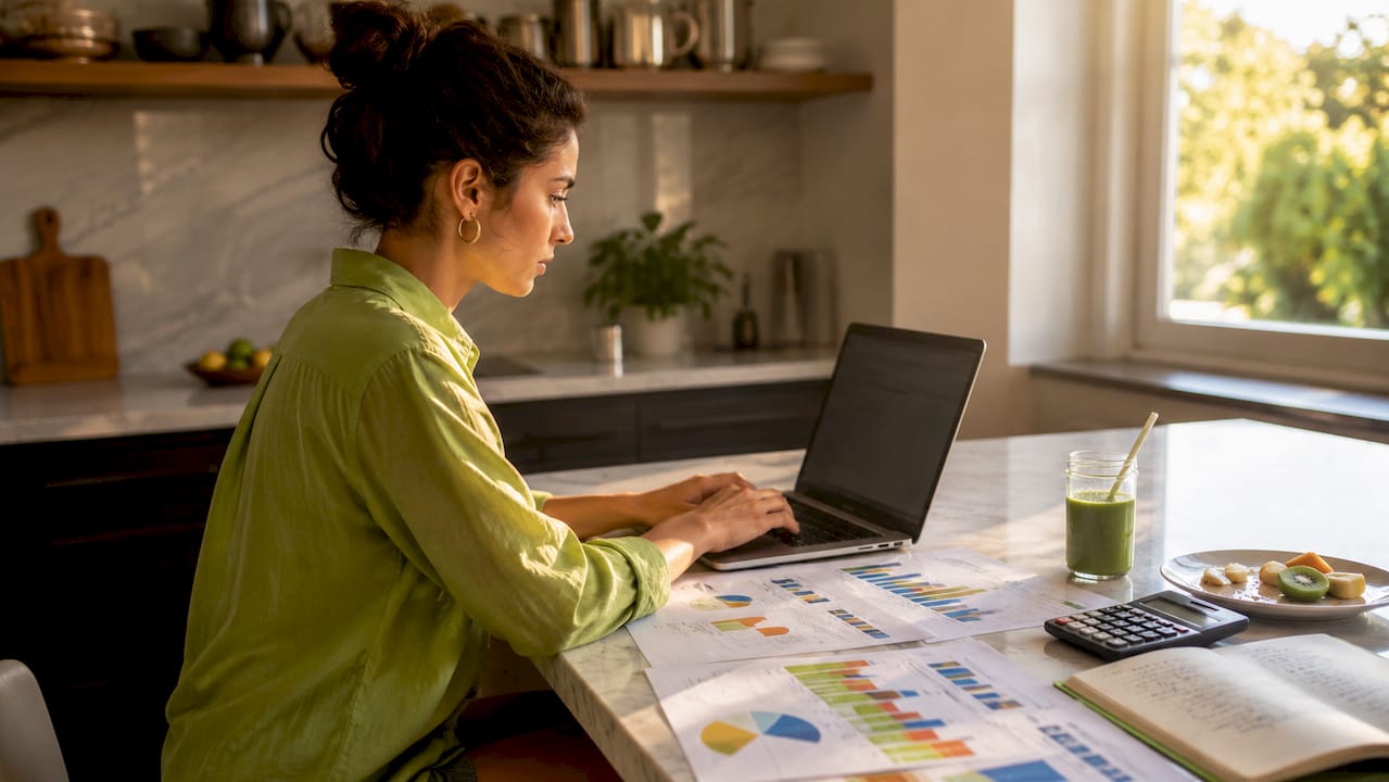 Hands typing at desk with pricing charts