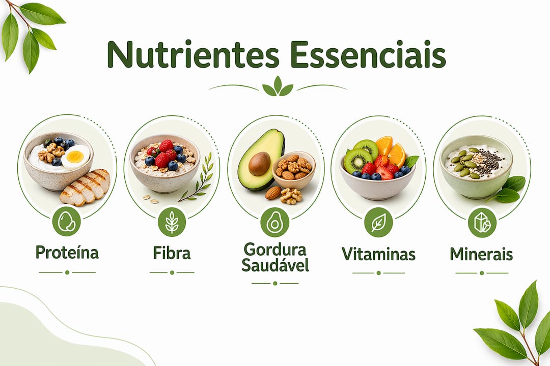 Infográfico sobre os principais nutrientes que não podem faltar ao pequeno-almoço