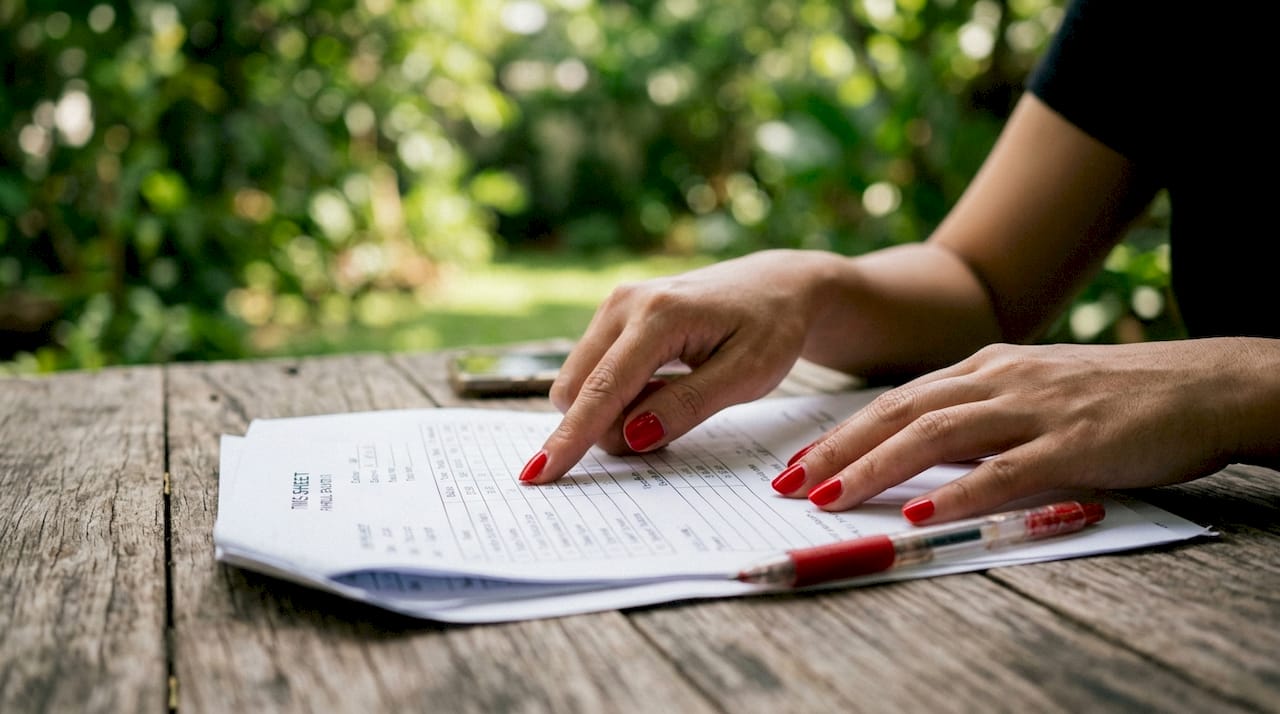 Mãos analisando documentos de ponto eletrônico e folha de pagamento