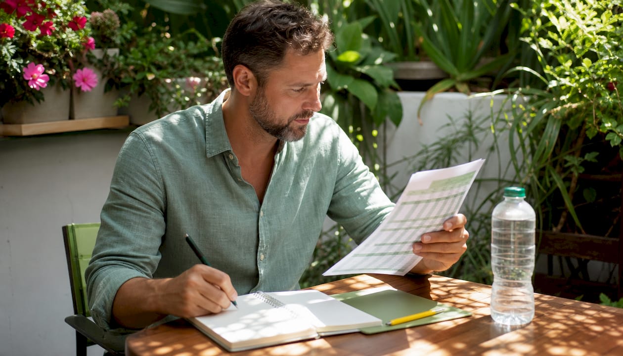 Homem a fazer contas para perceber quantas calorias precisa por dia