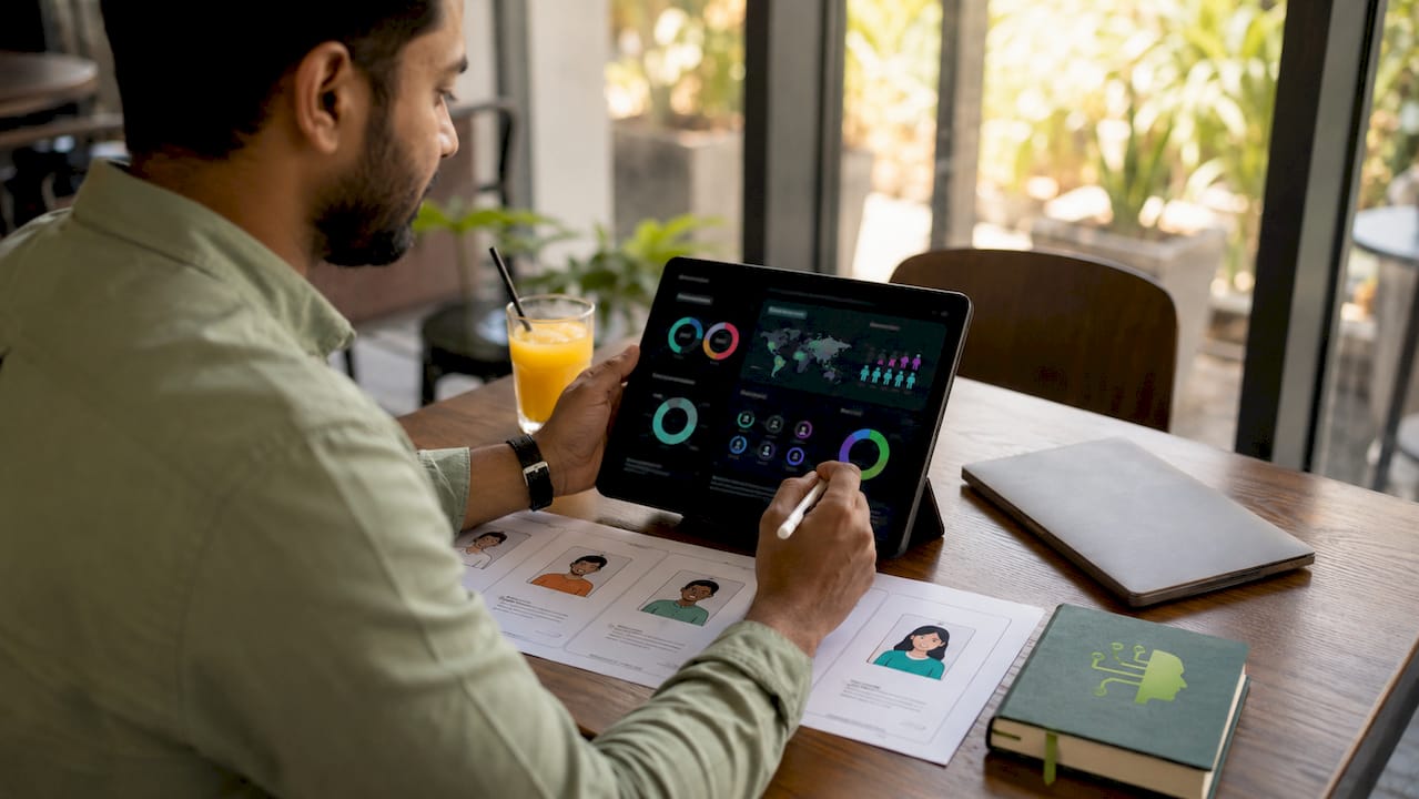 Hands interacting with audience targeting dashboard
