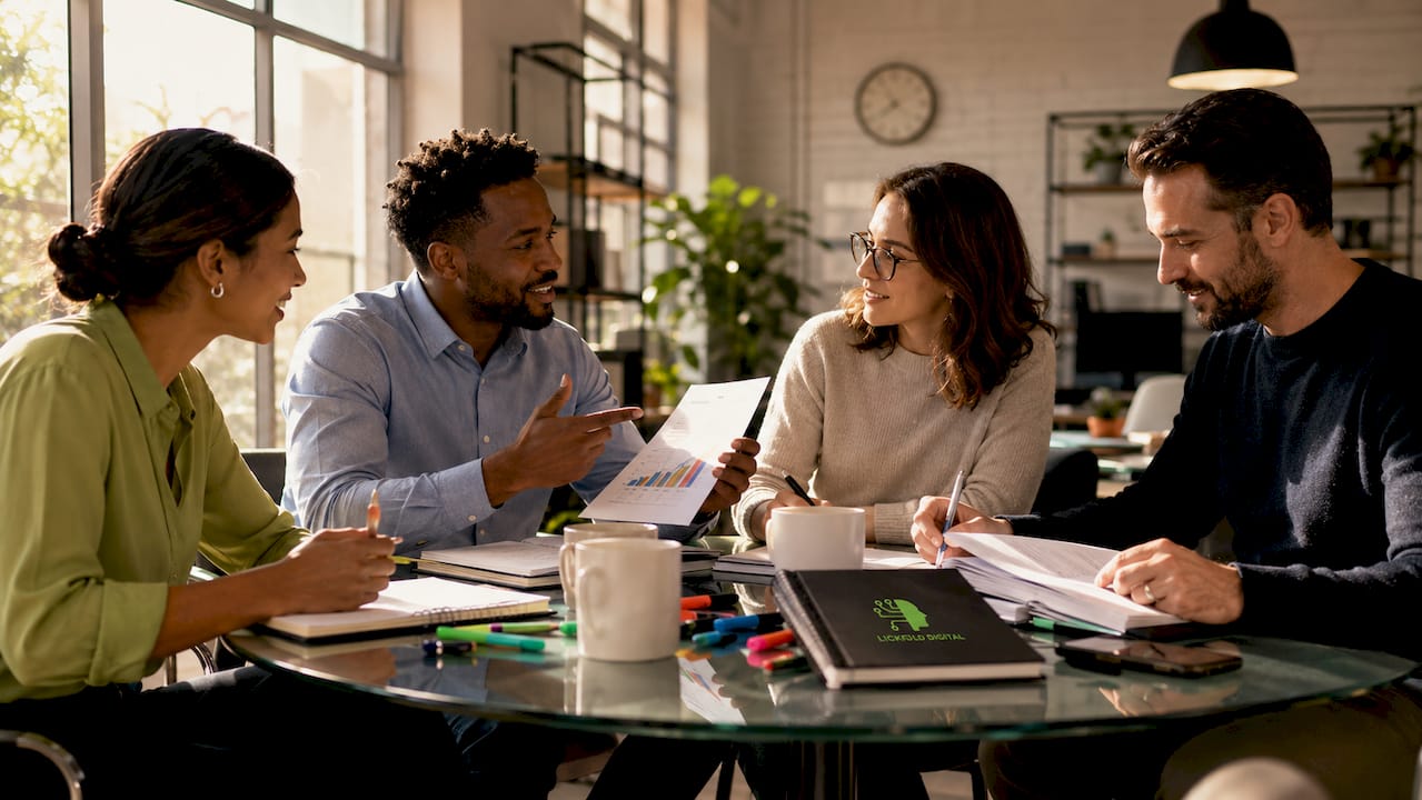 Team discussing B2B sales deals in meeting room