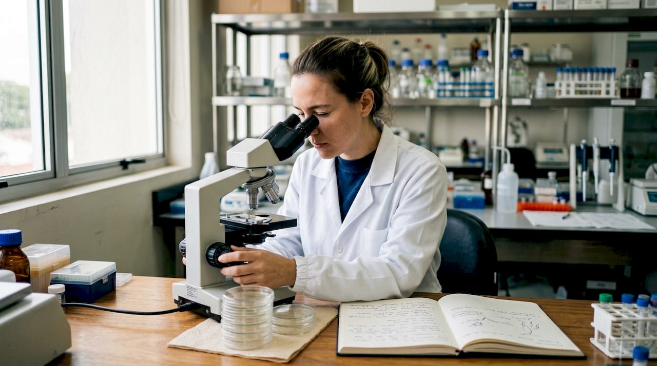 Mãos de investigador a manusear uma lâmina de microscópio no laboratório