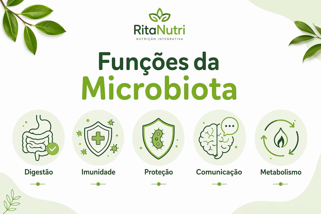 Infografia que destaca as principais funções da microbiota intestinal