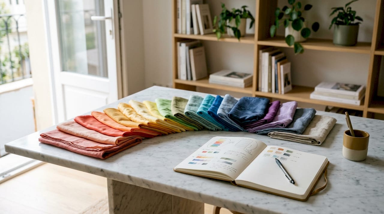 Mesa com tecidos de várias cores, organizada segundo o sistema das 12 estações.