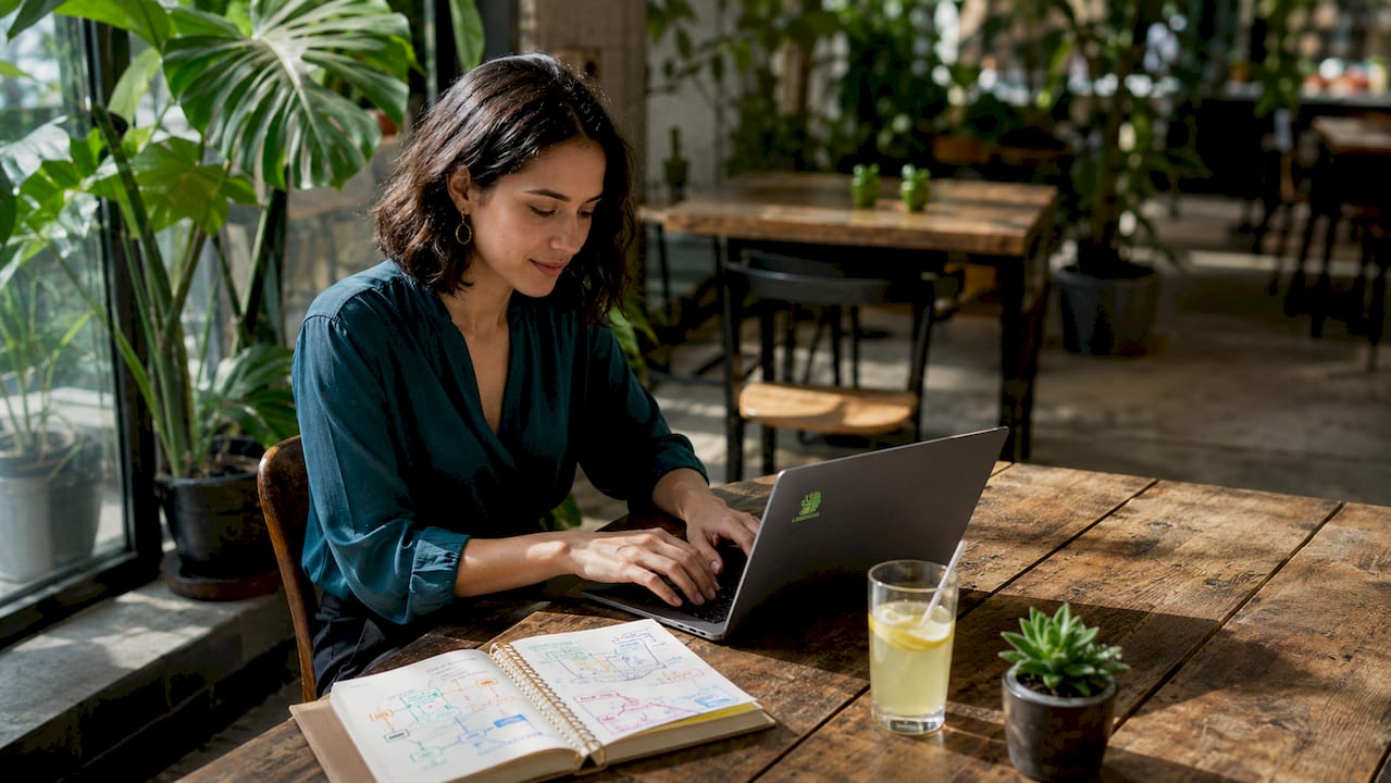 Woman working on AI lead qualification at home office