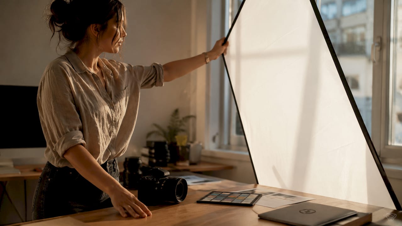 Mãos a ajustar o difusor para criar a iluminação ideal na fotografia