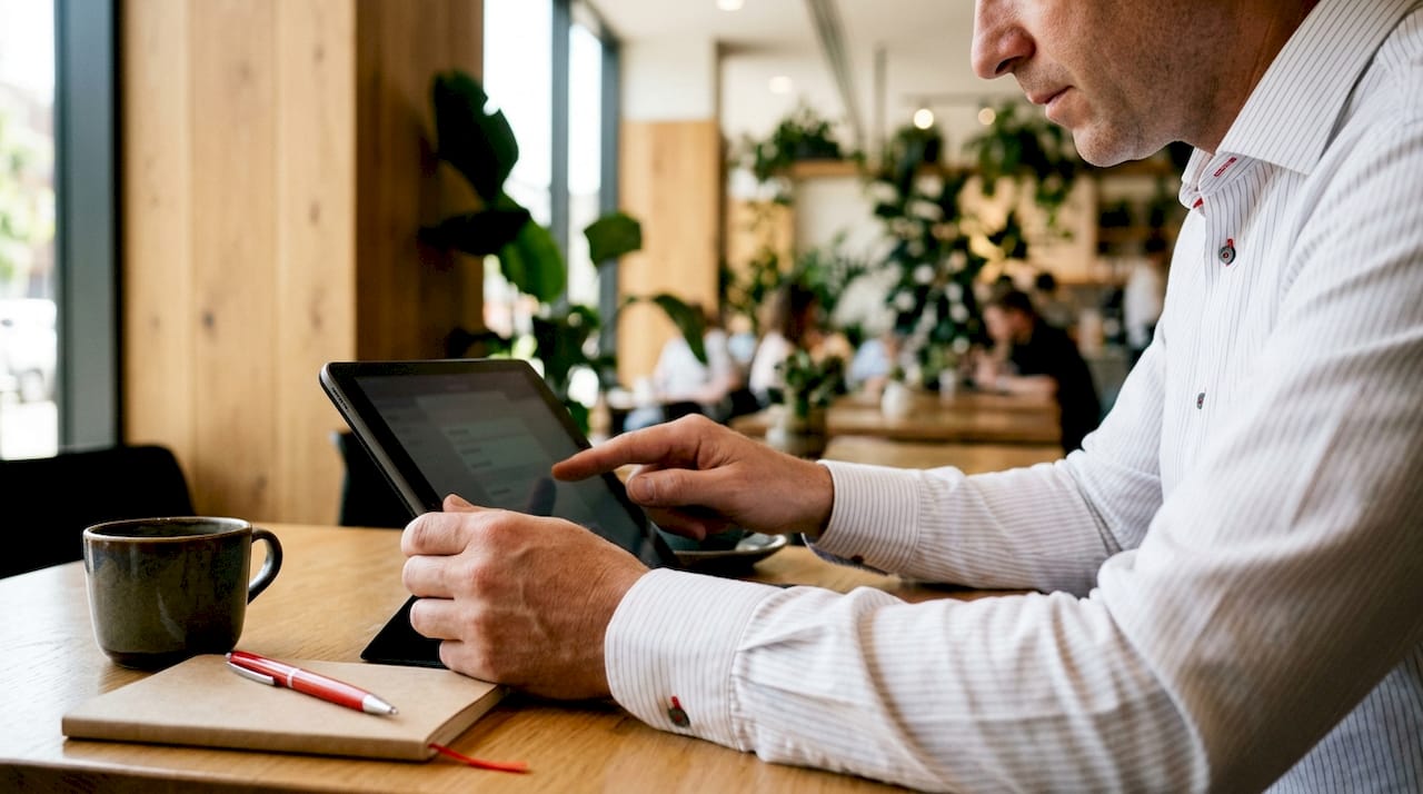 Gestor acompanhando o andamento do plano de ação pelo tablet