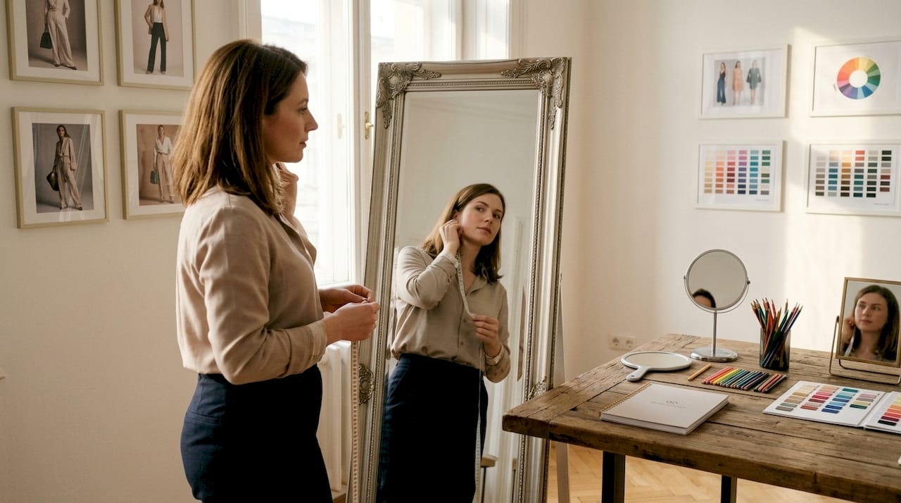 A consultora faz uma avaliação facial à cliente no estúdio.