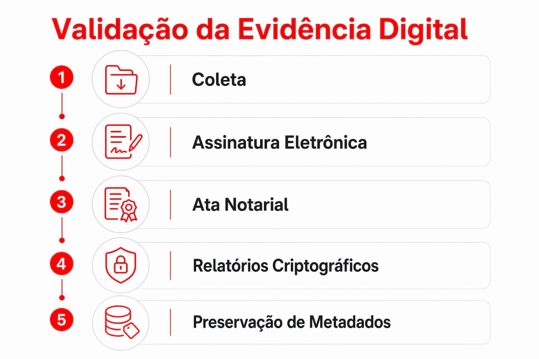 Infográfico detalhando o passo a passo para validar e garantir a autenticidade de provas digitais
