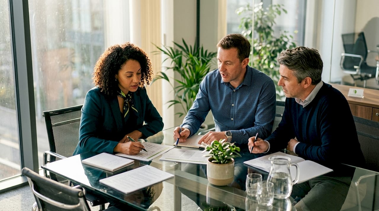 Buying committee meeting reviewing documents