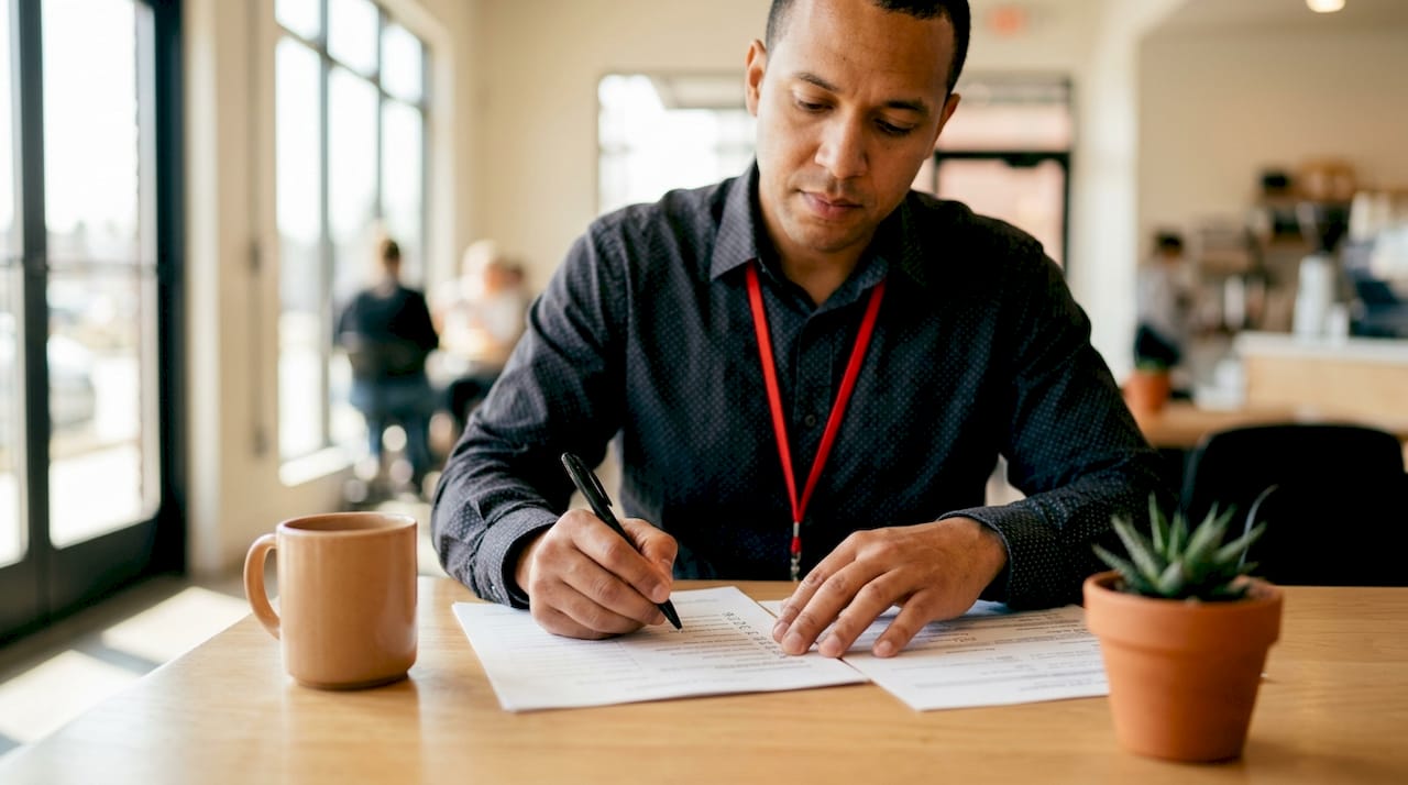 Homem analisando documentos durante uma reunião de auditoria