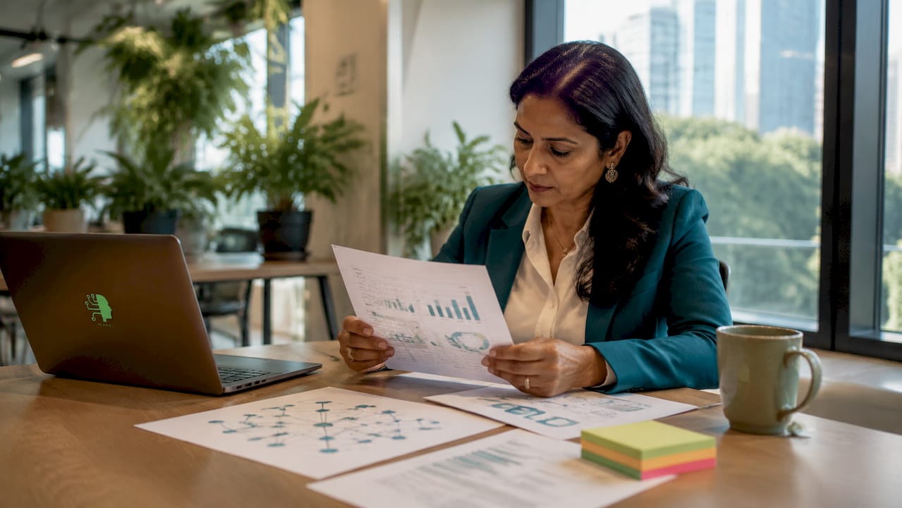 Businesswoman reviewing distributor network documents