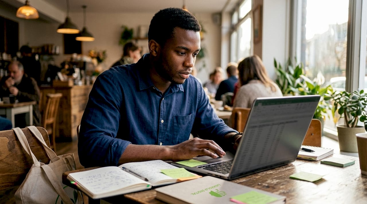Young man analyzing agency staffing and AI data