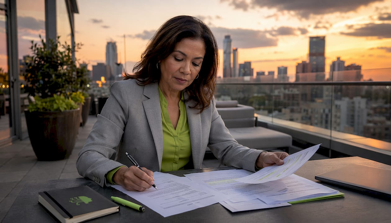Businesswoman reviewing B2B contracts in office