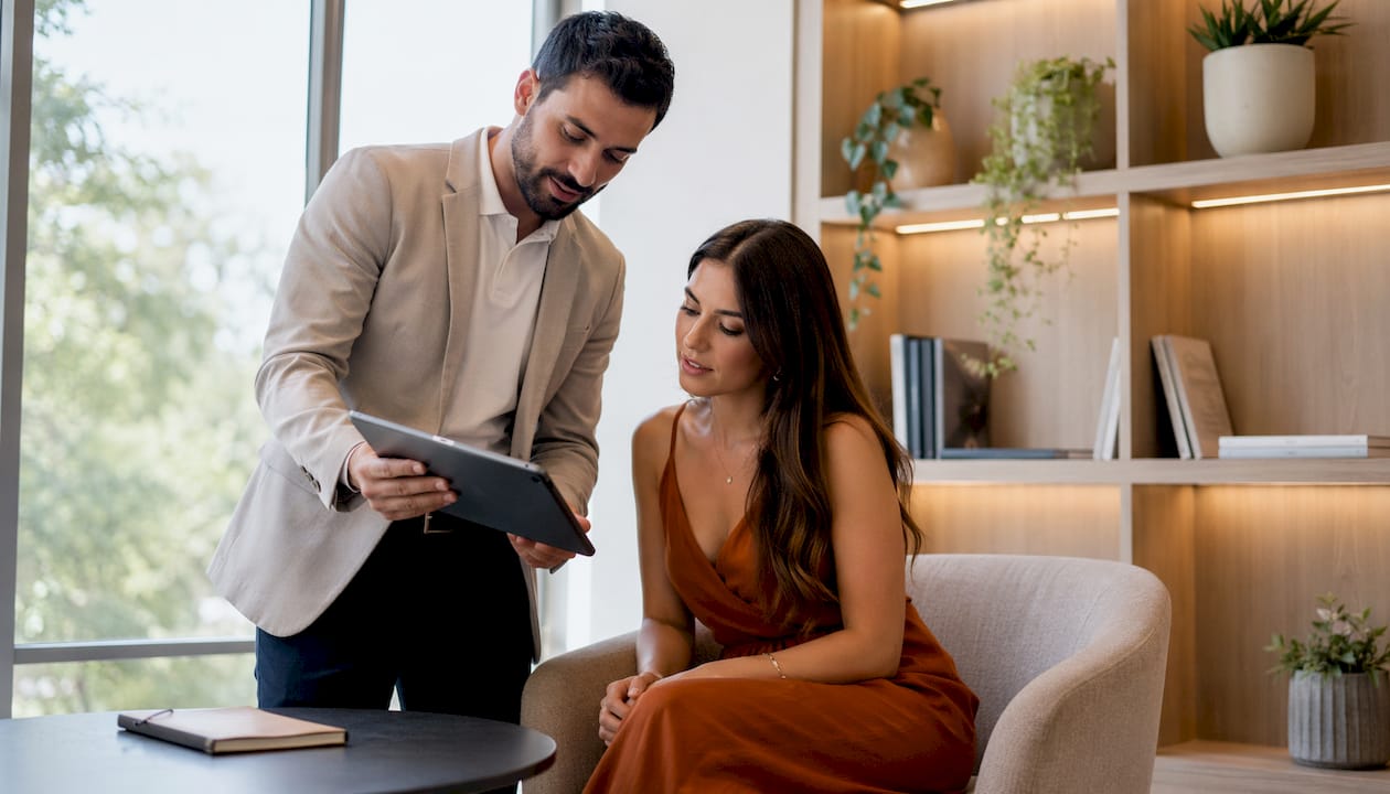 Consultor a apresentar sugestões de looks a uma cliente