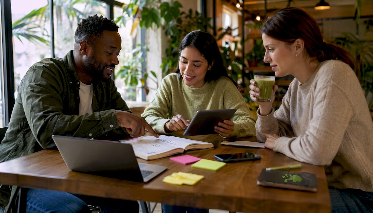 Multi-channel marketing team discussing strategies together