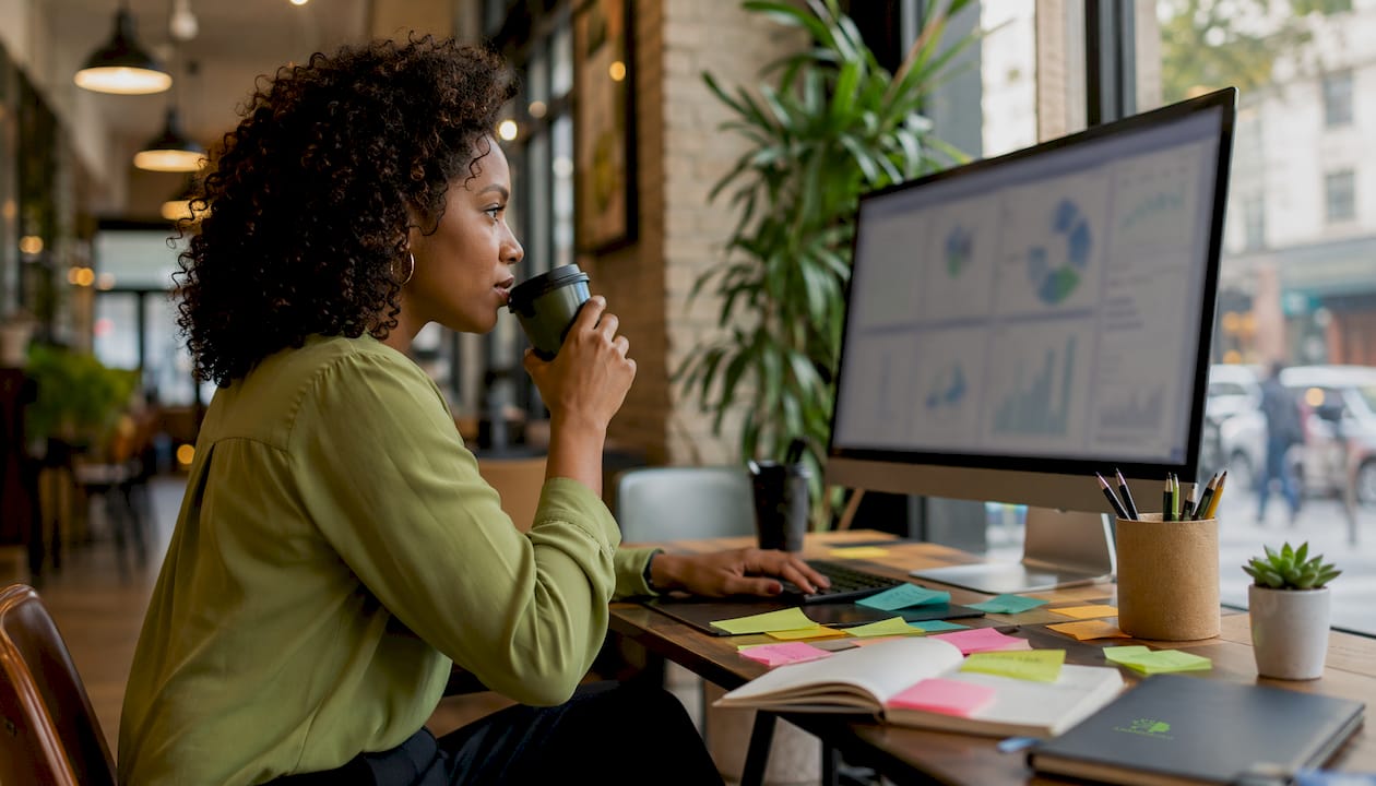Woman analyzing data on computer for agency prospecting
