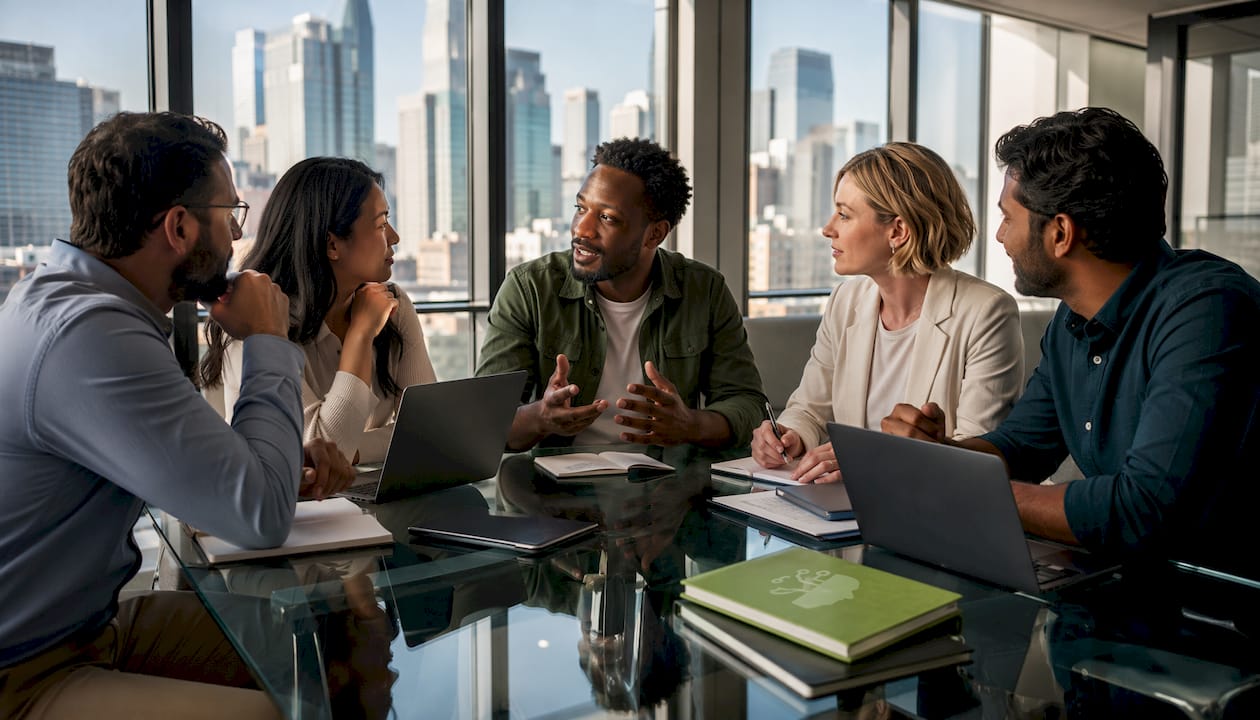 Group collaborating on B2B deal discussion