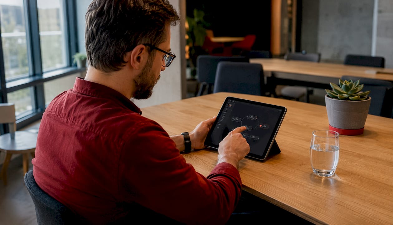 Especialista ajustando o fluxo de trabalho em um tablet
