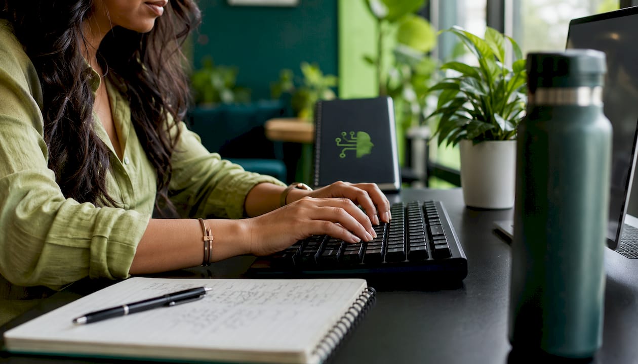 Hands typing AI automation code at desk