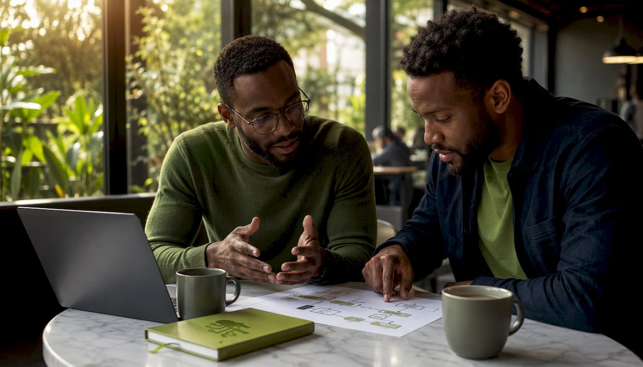 Developers discussing AI workflow diagram