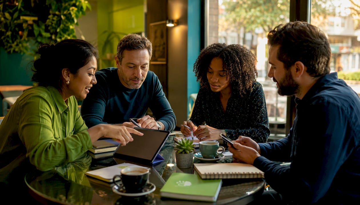 Diverse team collaborating with AI tools