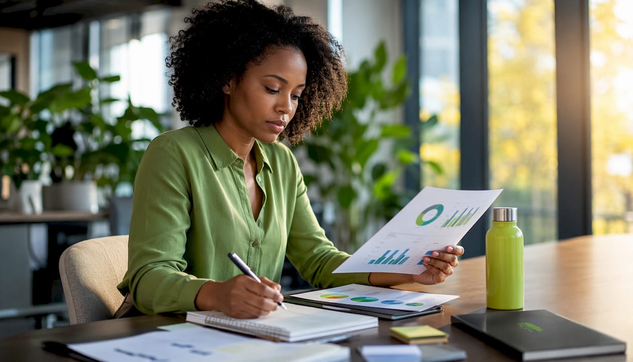 Woman analyzing B2B email response data at desk
