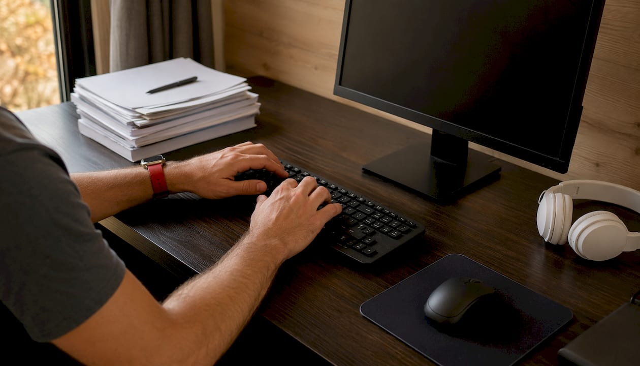 Mãos digitando no teclado durante um processo de automação de RH