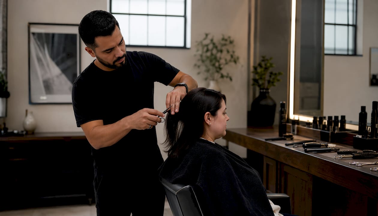Profissional de cabeleireiro a dar um novo corte a um cabelo ondulado de uma cliente com rosto oval.