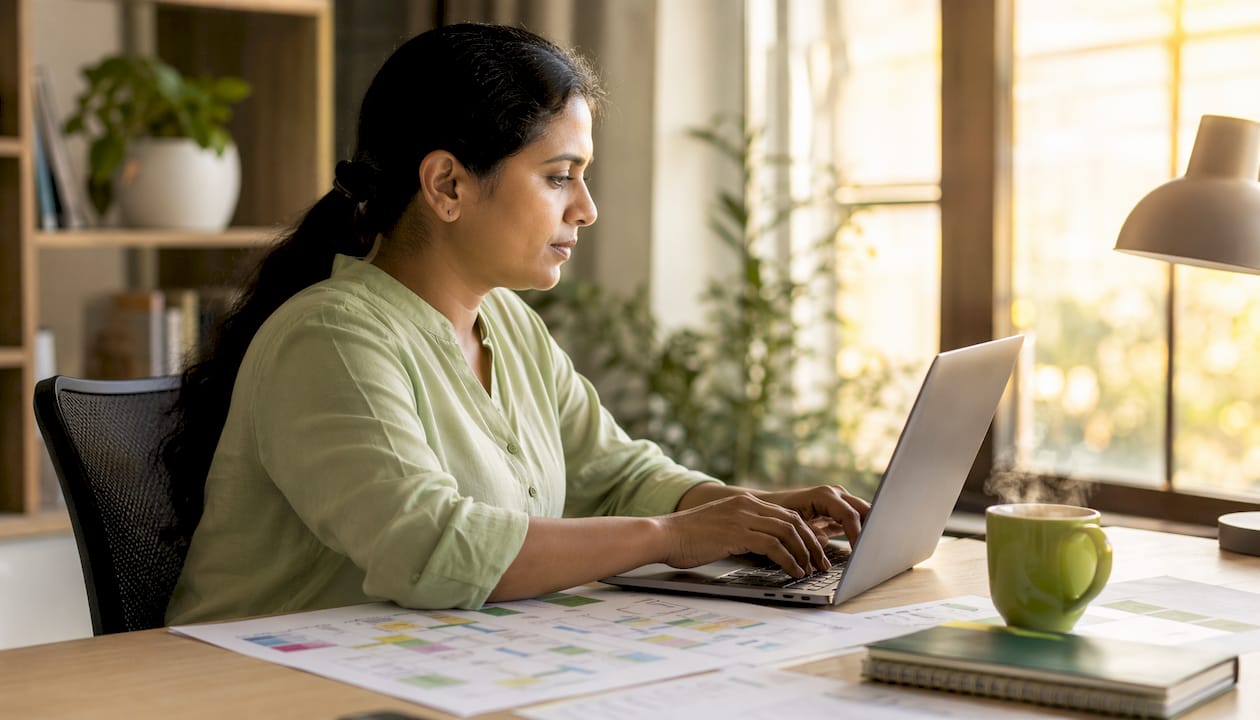 Hands typing on laptop with sales workflow papers