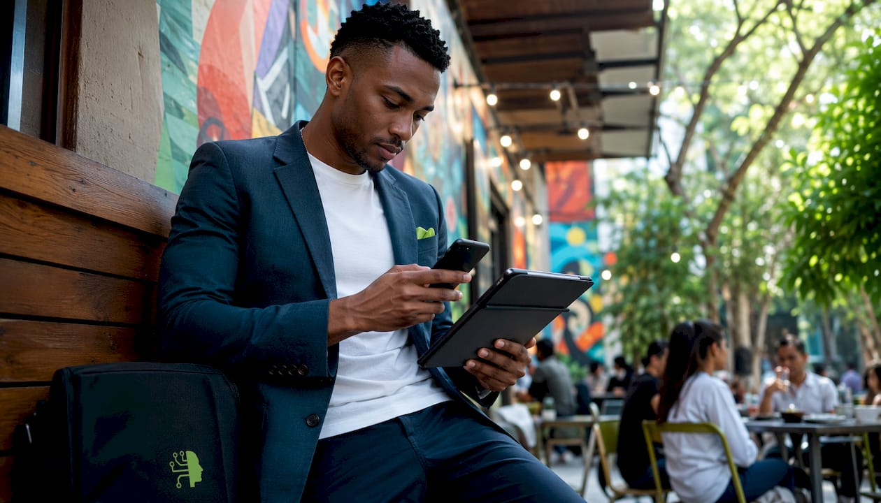 Sales rep checking prospecting tools on devices
