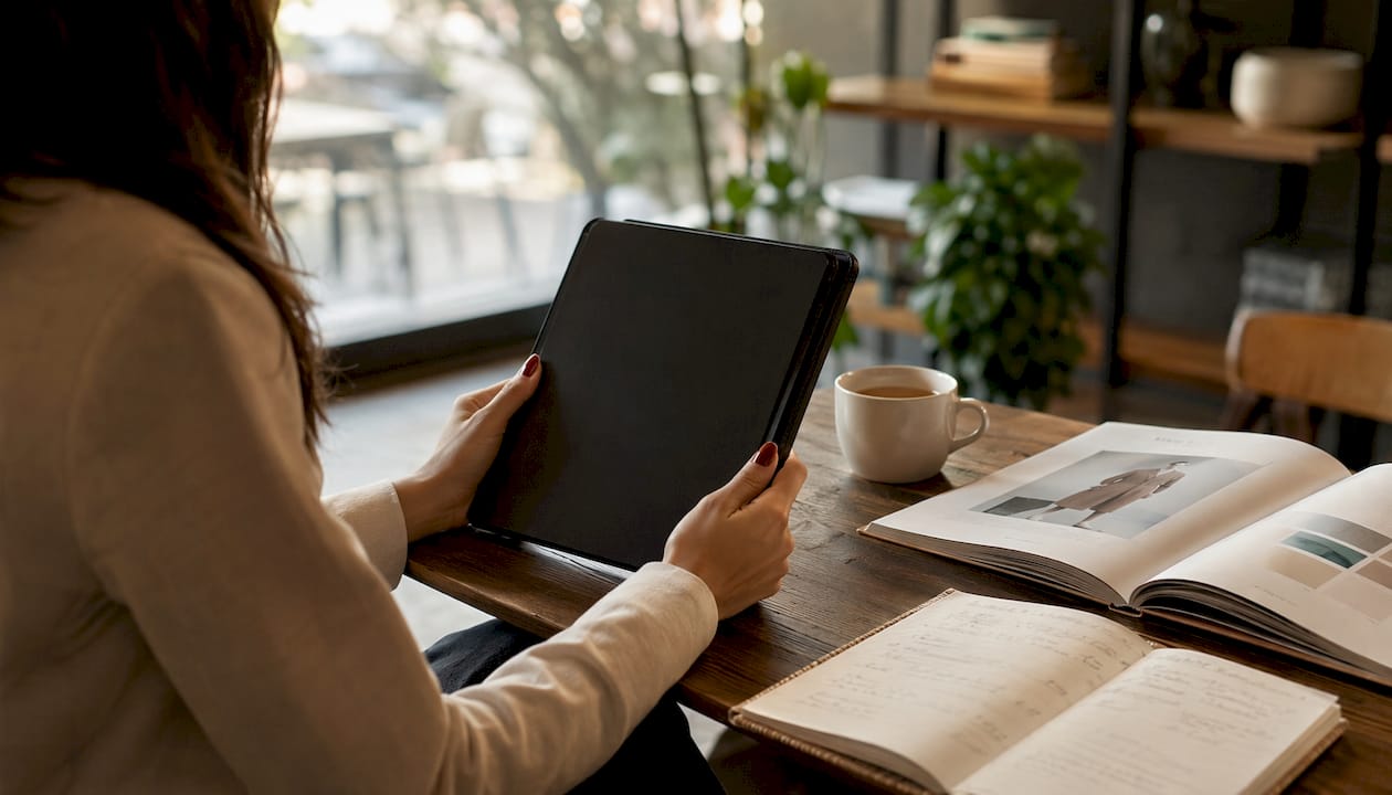 Mãos a segurar um tablet sobre uma mesa, rodeadas de livros dedicados ao tema do estilo.