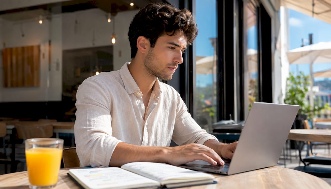 Rapaz a procurar informações sobre um nome na internet, sentado numa esplanada de café.