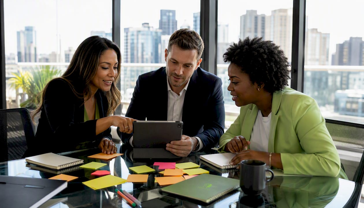 Diverse sales team collaborating in meeting