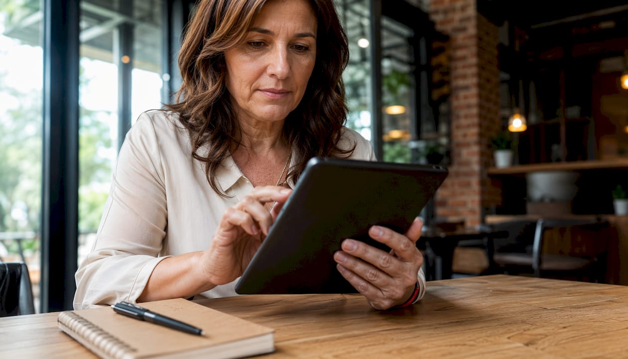 Pessoa conferindo um atestado digital na tela do tablet