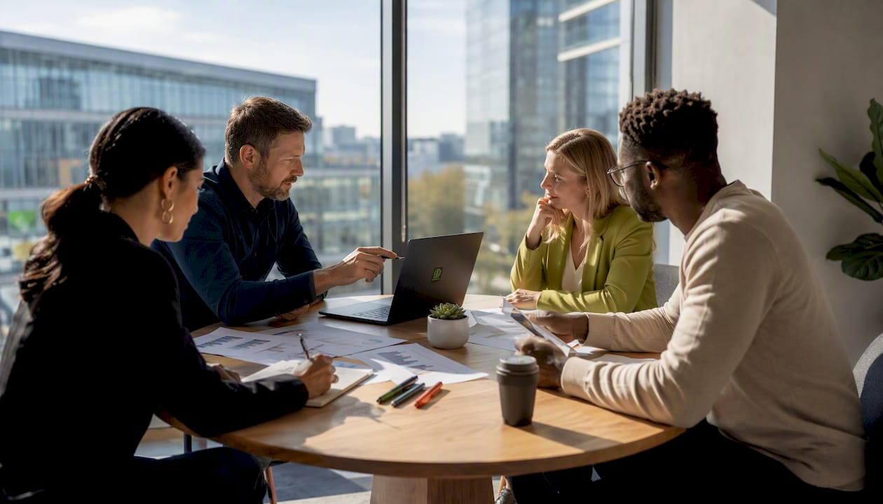 Sales team collaborating in modern office