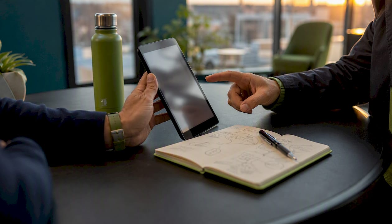 Hands pointing at tablet in café discussion