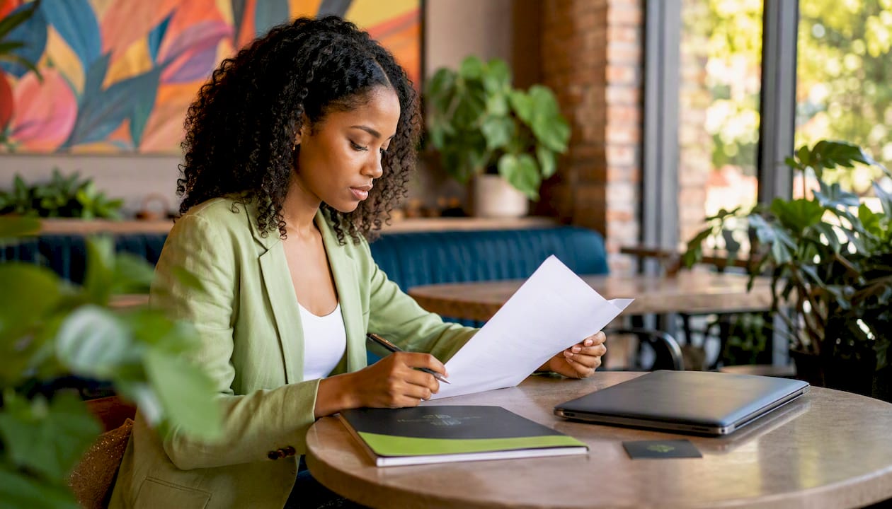 Person reviewing compliance documents at standing desk