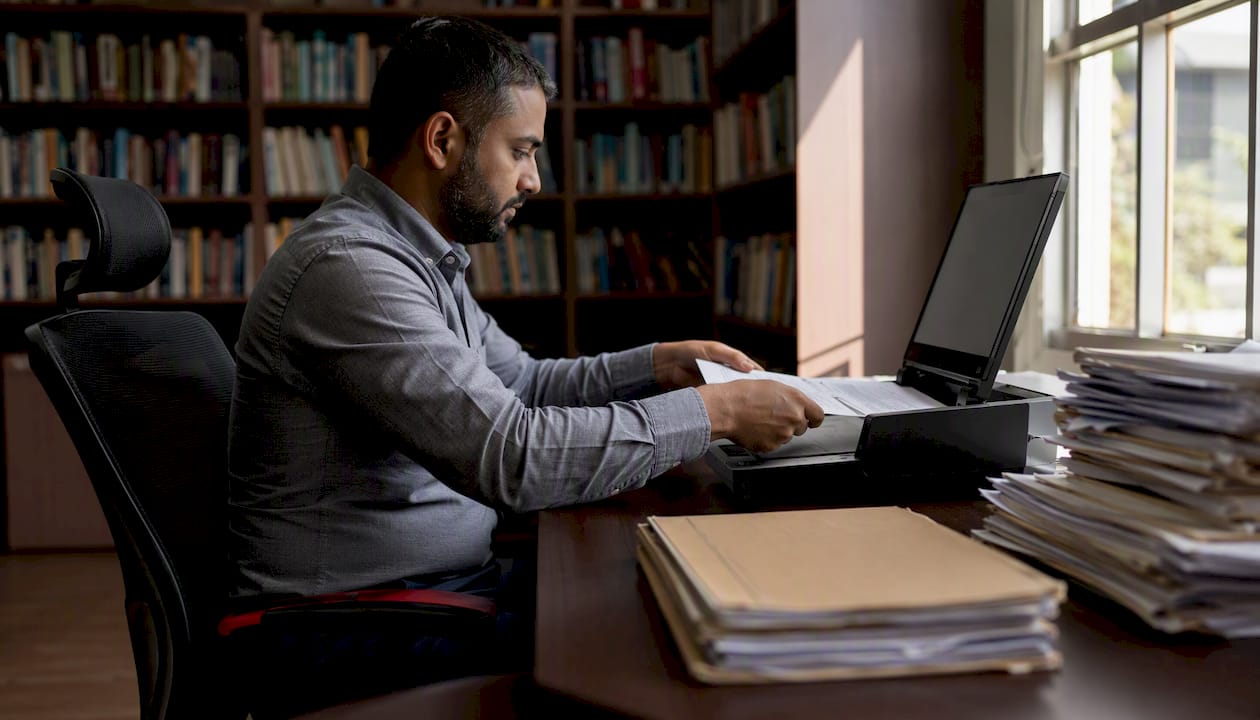Profissional de TI organizando e digitalizando prontuários médicos no escritório