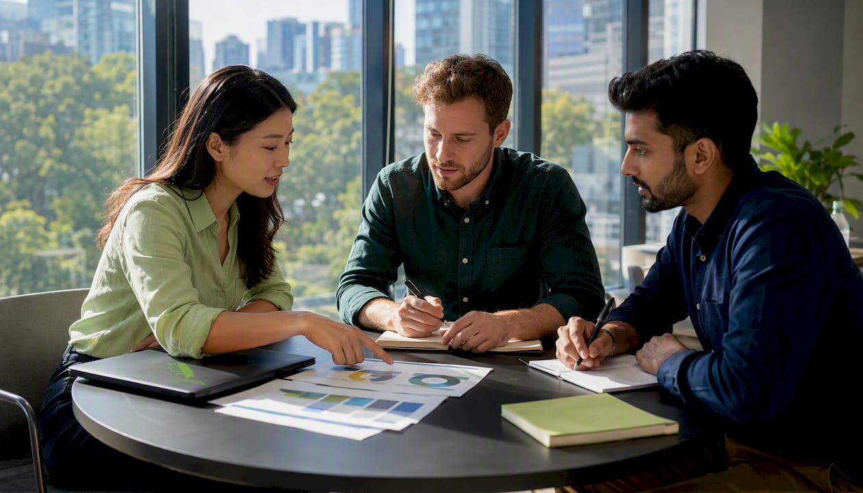 Team discussing email outreach strategy in conference room