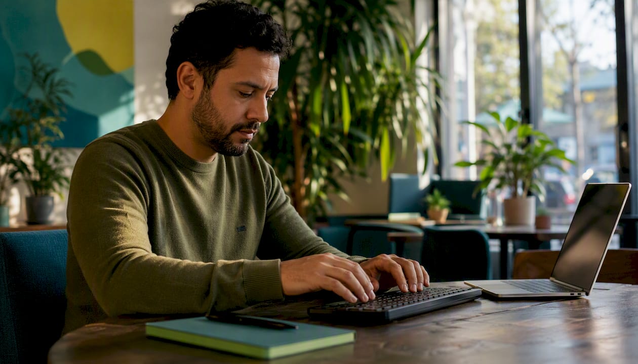 Hands typing in email outreach workspace